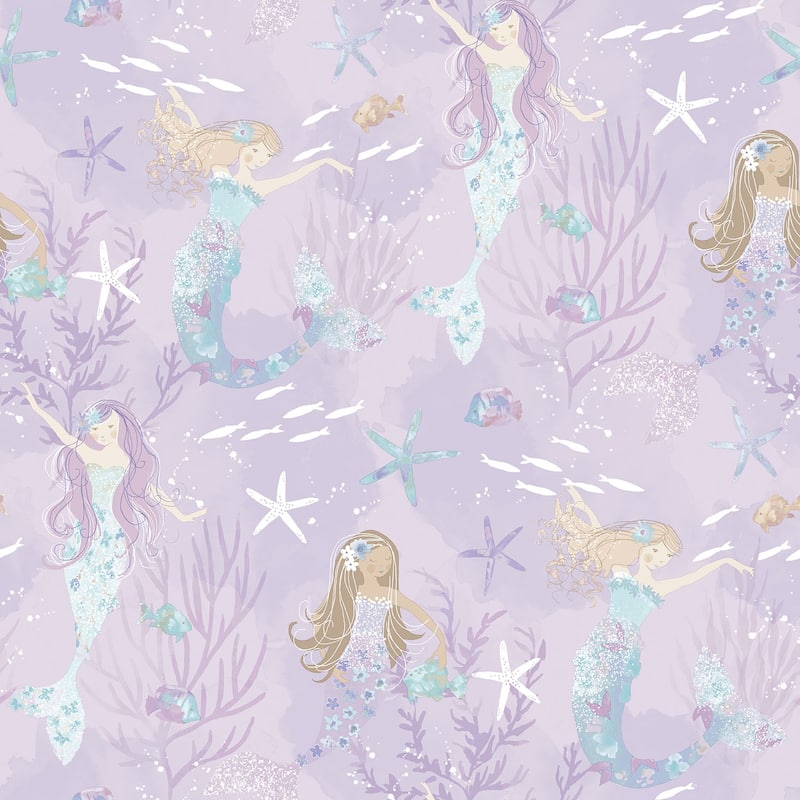 Galerie Wallcoverings Tiny Tots 2 Mermaids Non-woven Glittery Wallpaper Roll - 33 feet x 21 inches - Purple/Turquoise/Glitter