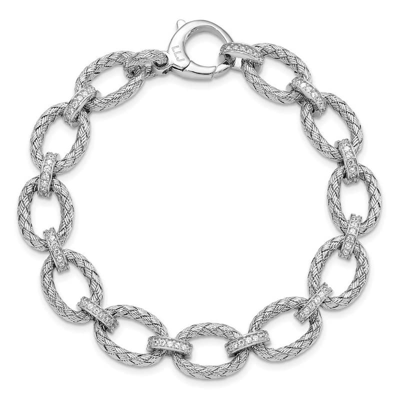 Curata 11mm 925 Sterling Silver Polished Rhodium Plated CZ Cubic Zirconia Simulated Diamond Woven Link Bracelet 7.25 Inch
