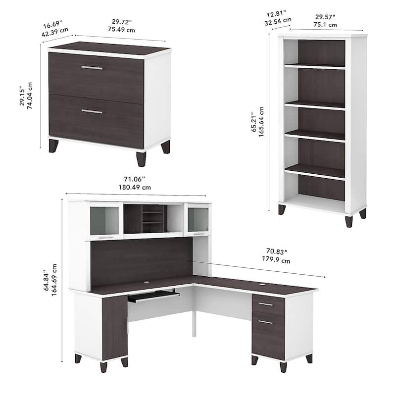 Somerset 72W L Shaped Desk with Hutch, Cabinet and Bookcase in Gray