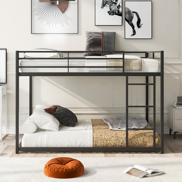 slide 2 of 32, Modern Design Low Bunk Bed, Sturdy Frame and Safety Guaranteed with Ladder, Full over Full Black