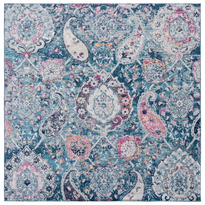 SAFAVIEH Madison Belle Boho Glam Paisley Pattern Area Rug - 4' Square - Blue/Grey