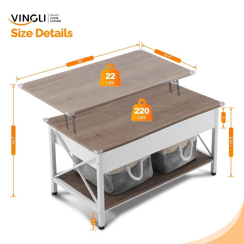 VINGLI Adjustable Side X-shaped Metal Frame Rectangular P2 Board Brown Panel Wood Grain Side Panel Coffee Table