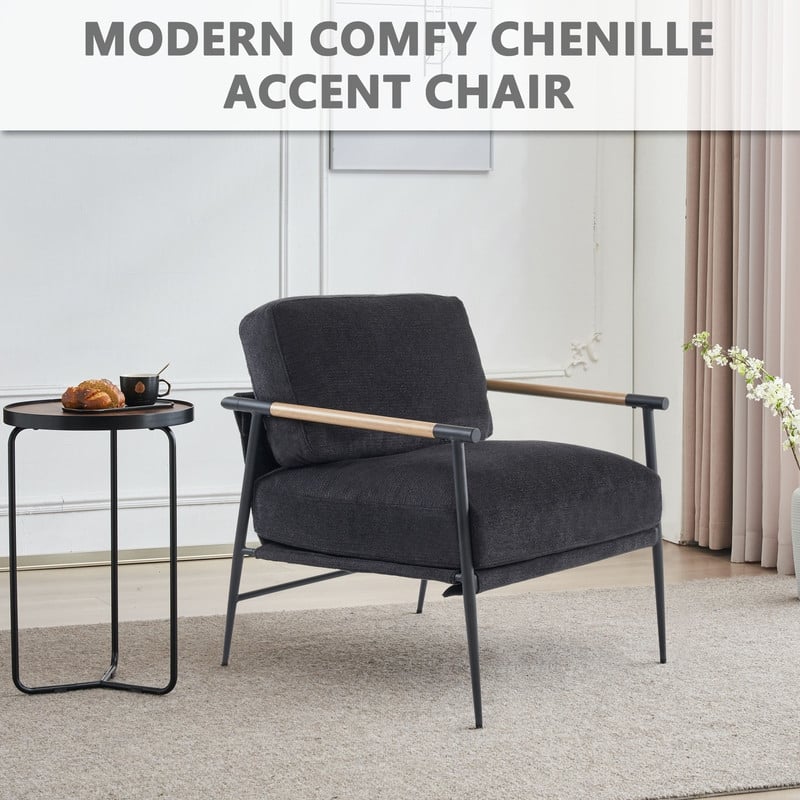 Accent Chairs Set of 2 White Armchair Chenille for Living Room Mid Century Modern Chair Metal Leg Veneer Metal Armrest,2PCS