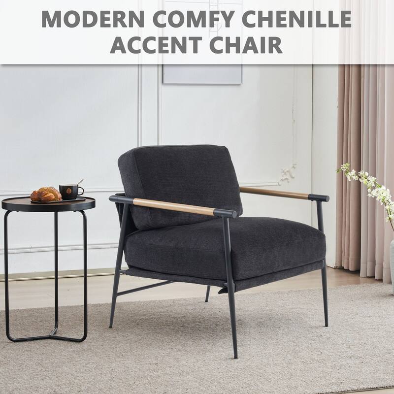 White Accent Chair Armchair Chenille for Living Room Mid Century Modern Accent Chair Metal Leg,Comfy Cushion Veneer Armrest