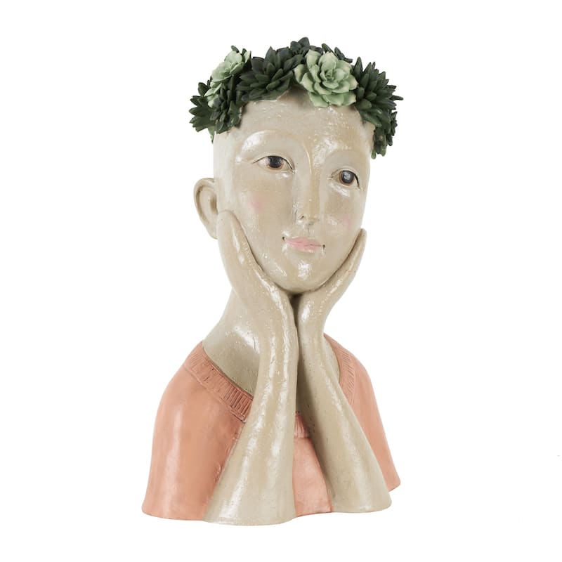Resin Woman Bust Indoor Outdoor Planter with Succulent or Flower Crown and Orange or Blue Top - Beige - Roche River Decor