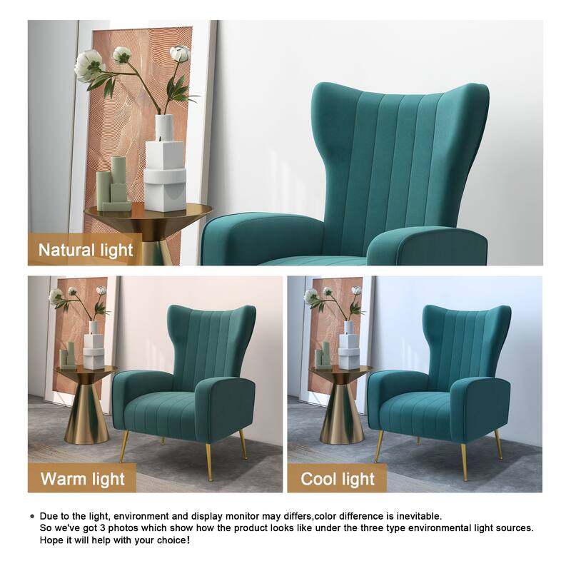 2 Set Velvet Wingback Accent Chairs with Metal Legs for Living Room