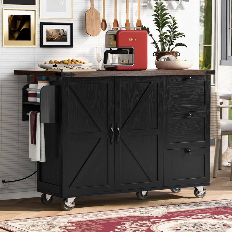 Farmhouse Kitchen Island with Power Outlet, Rolling Kitchen Cart on Wheels with Internal Storage Rack, Drop Leaf, Spice Rack