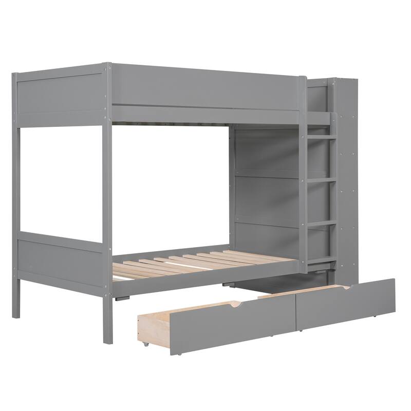 Space-Saving Twin Over Twin Bunk Bed with Drawers and Cabinet, Gray