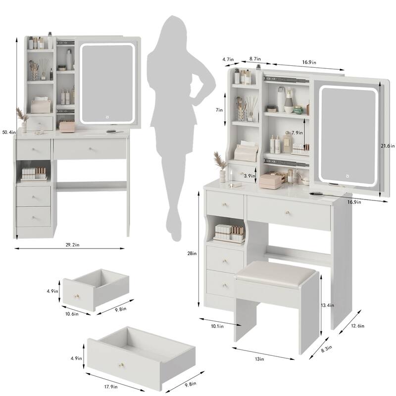 Small Space Left Drawer Desktop Vanity Table,Cushioned Stool,Extra Large Touch Control Sliding LED Mirror