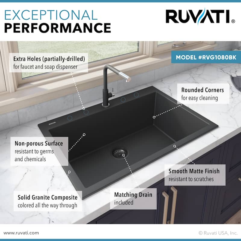 Ruvati 30 x 20 inch epiGranite Drop-in Topmount Granite Composite Single Bowl Kitchen Sink - Midnight Black - RVG1030BK