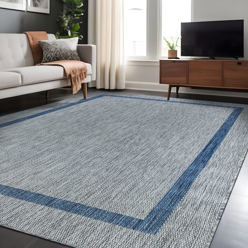 Beverly Rug Modern Bordered Indoor Outdoor Rug, Outside Carpet for Patio, Deck, Porch