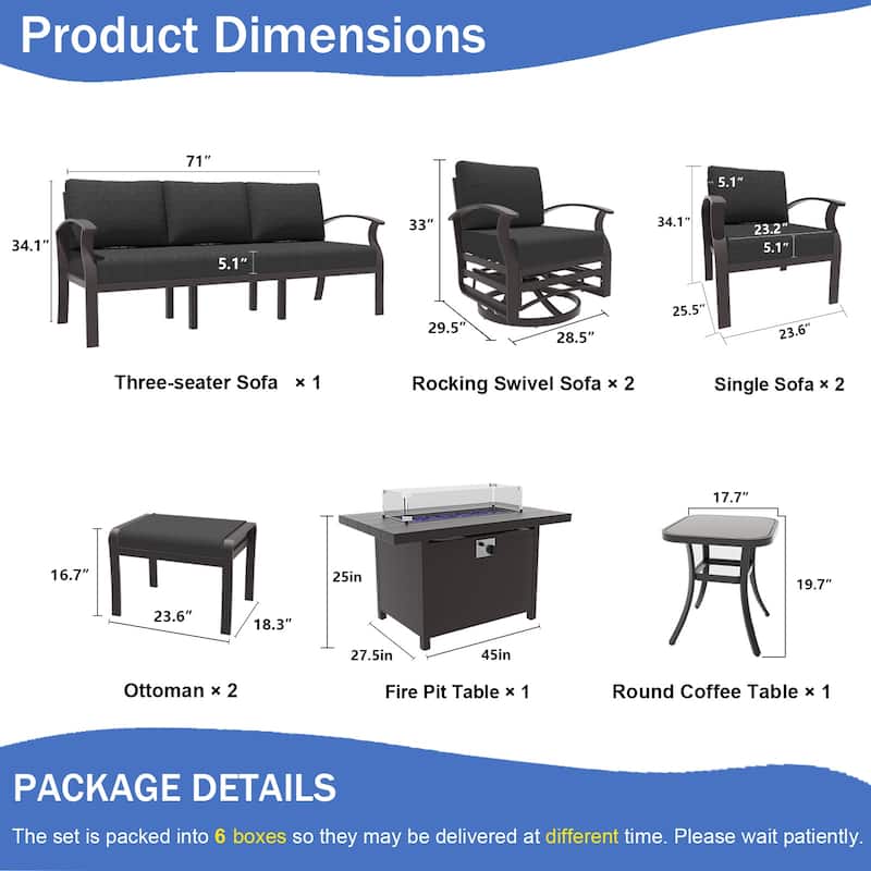 Aluminum Patio Furniture Set with Fire Pit, Ottomans & Rocking-Swivel Chairs, Modular Sofa with Thick Cushions