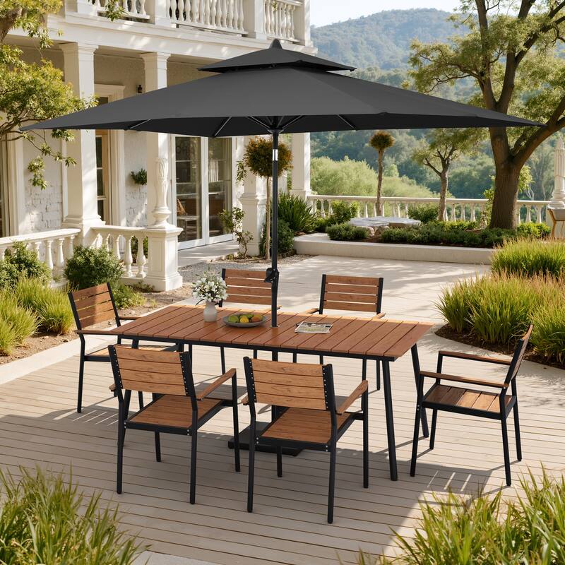 9PC Outdoor Patio Dining Set Aluminum Table with Stackable Armchairs w/ Market Umbrella Set - BrownTable&BrownChairs&BlackUmbrella