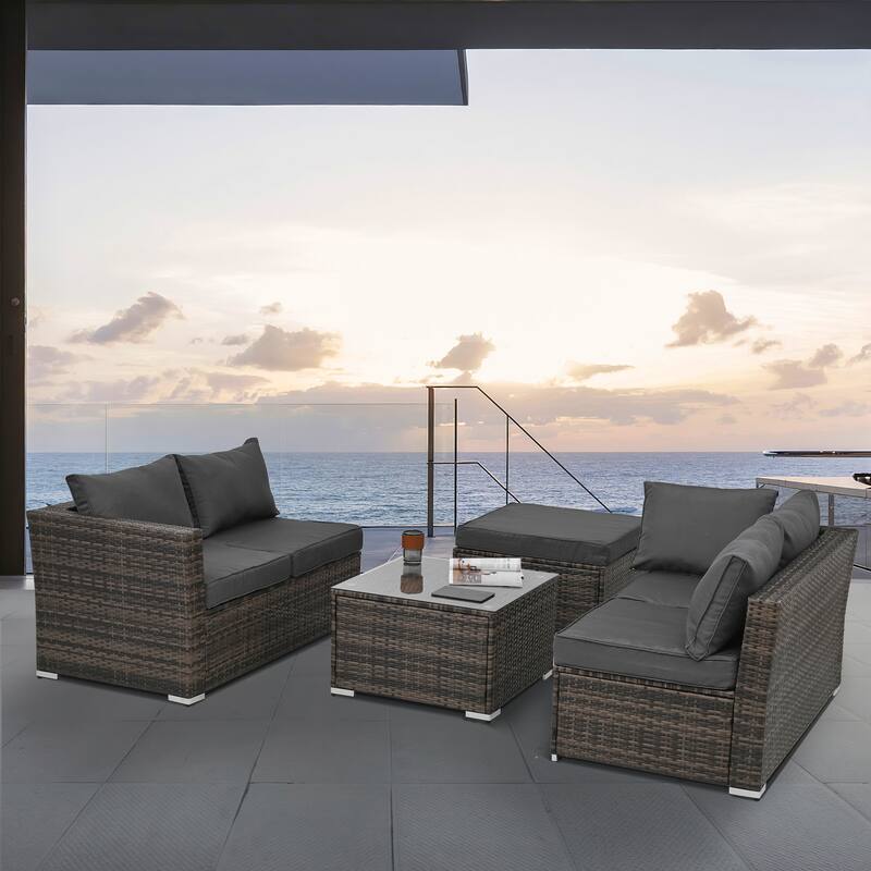 GDFStudio - Elegant 4-Piece Outdoor PE Wicker Patio Set with Tempered Glass Coffee Table