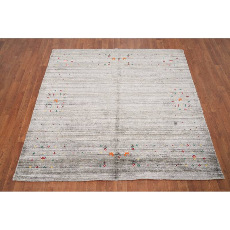 Hand Knotted Oriental Viscose Silk Carpet Tribal Animal Pictorial Greys & Charcoal Gabbeh Area Rug - 5' 9'' X 5' 5''