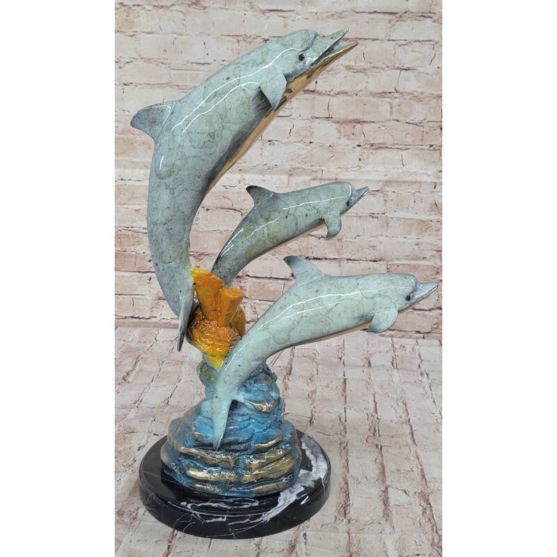 Colorful Bronze Sculpture Of Three Imitative Dolphins Leaping From Water - Signed Numbered Marine Life Art