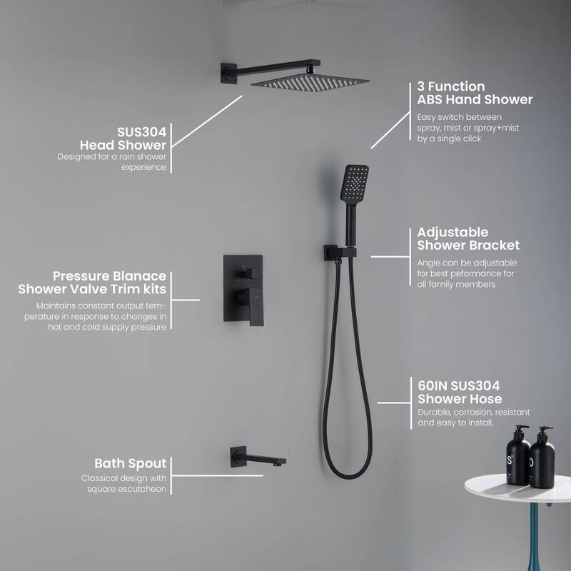 Cube Pressure Balanced 3-Function Shower System with Rough-In Valve