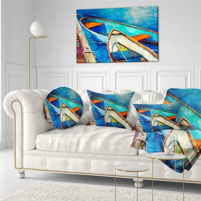 Designart "Boats and Pier in Blue Shade" Seascape Canvas Print