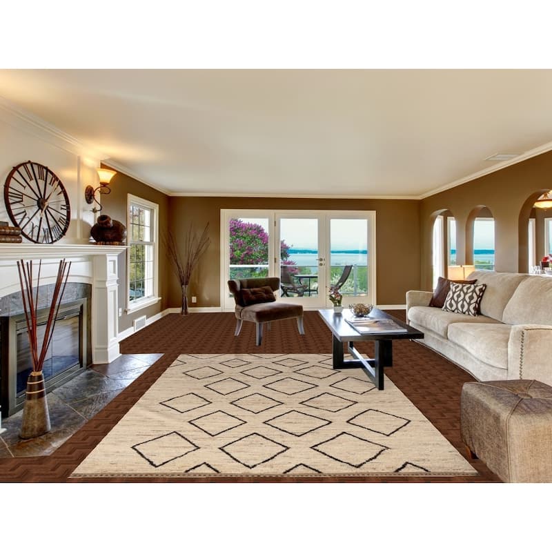 Geometric Moroccan Oriental Rug Hand-Knotted Beige Wool Carpet - 6'7" x 9'11"