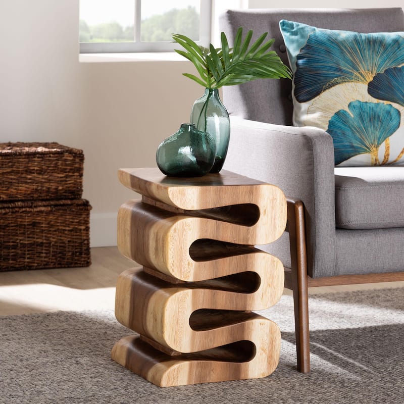 Eliada Hand-carved Suar Wood Side Table - Wavy Sculptural Accent Table, Modern Boho Style for Living Room or Bedroom