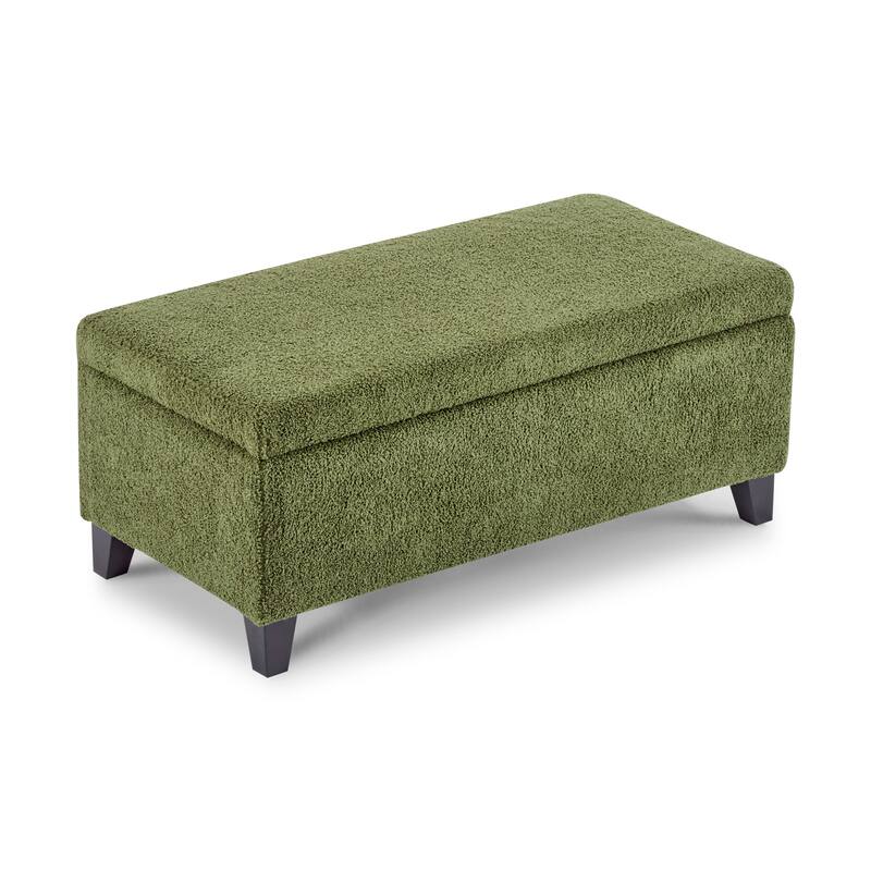 Storage Ottoman with Flip-Top Lid, Easy Assembly, Boucle Fabric & Birch Wood Legs, Green