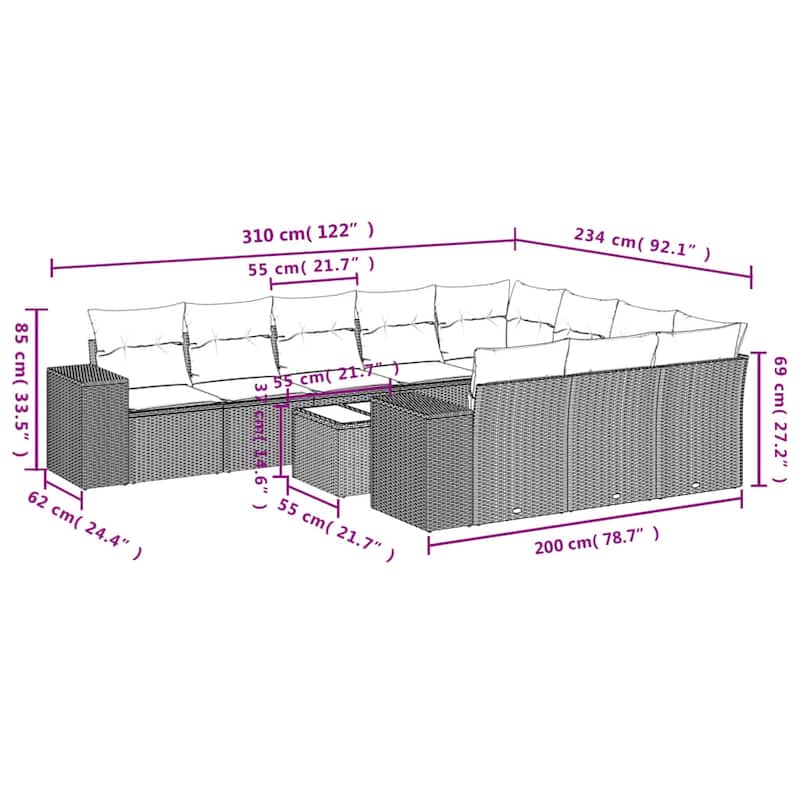 vidaXL 10 Piece Patio Sofa Set with Cushions Black Poly Rattan