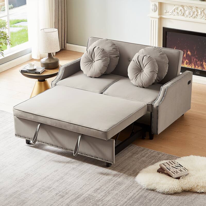 Loveseat Sofa Bed with Adjustable Button Tufted Backrest, 2 USB Ports and 4 Pillows