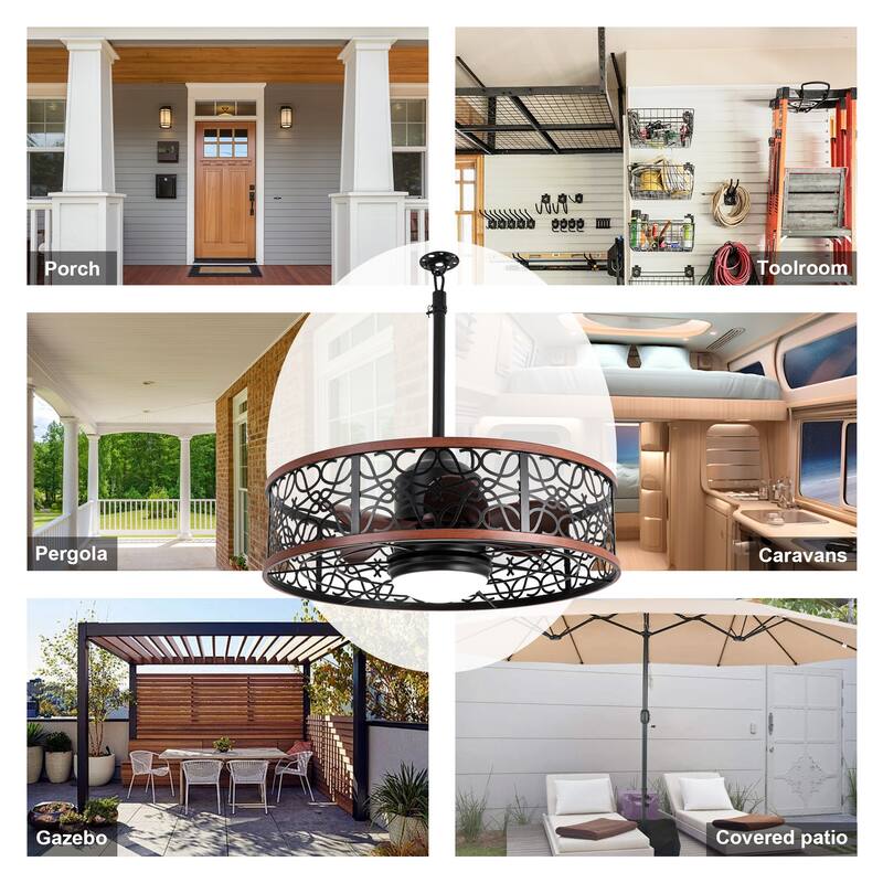 Bella Depot 24" Black Outdoor Ceiling Fan with LED Light and Remote 6-Speed for Patio Courtyard