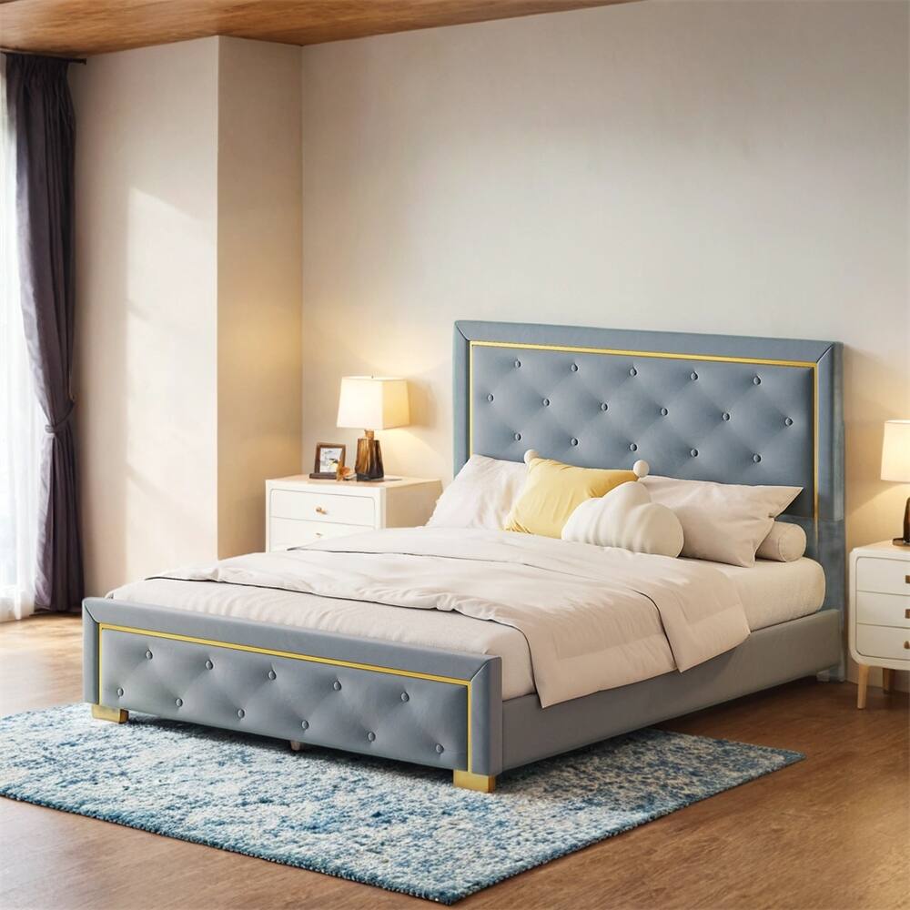 Queen Size Upholstered Platform Bed with Pull Point Headboard