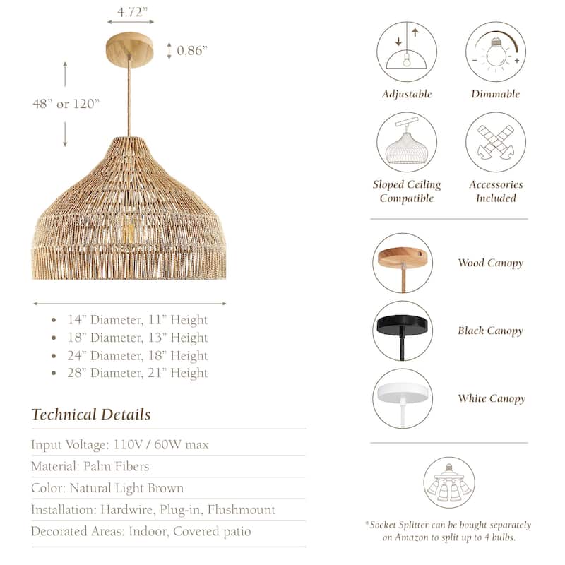 Dreamy Palm Fibers Pendant Light - Natural Dome 1-Light Handwoven Rattan Hanging Light For Modern, Boho, Farmhouse Room Decor