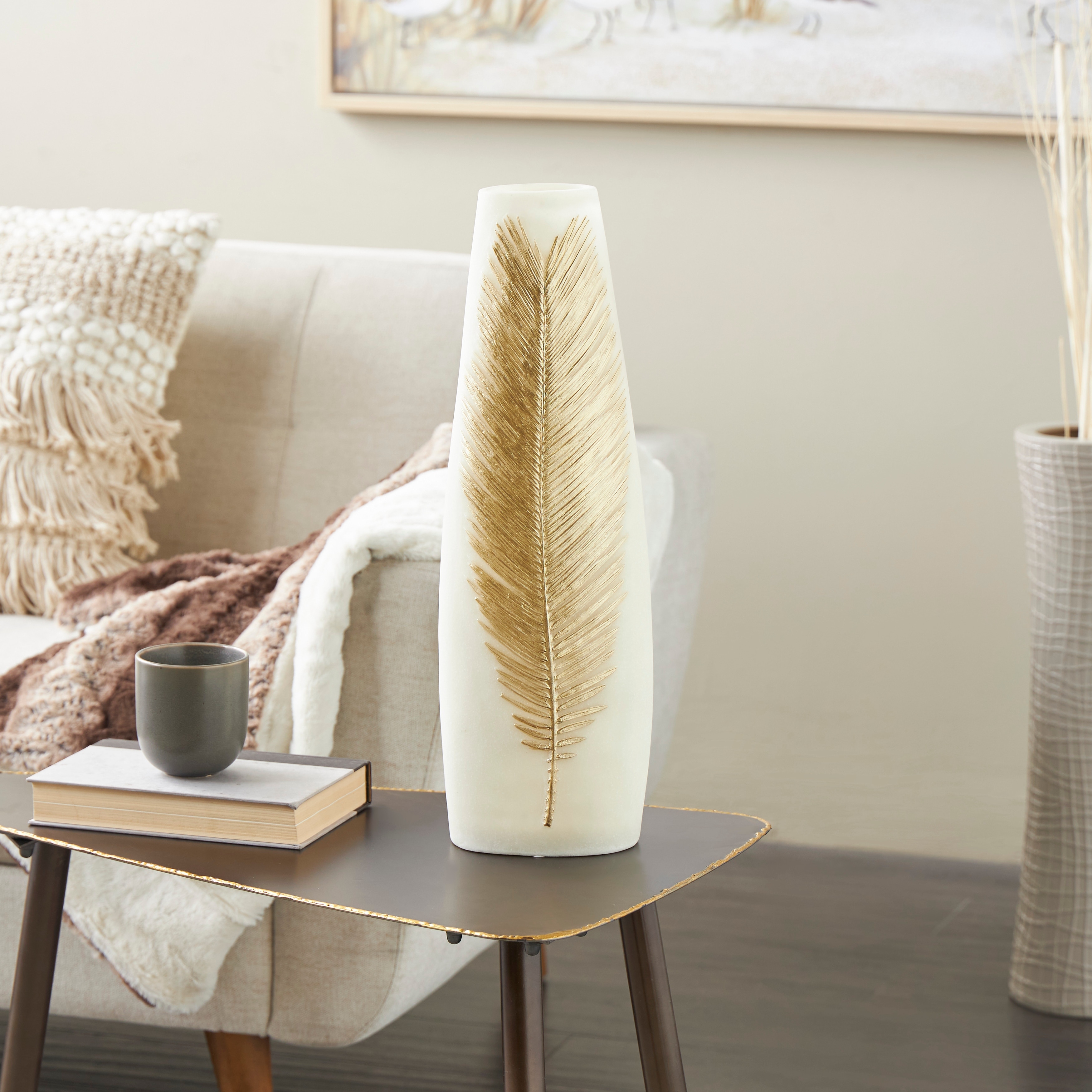 Cream Polystone Vase with Gold Leaf Relief