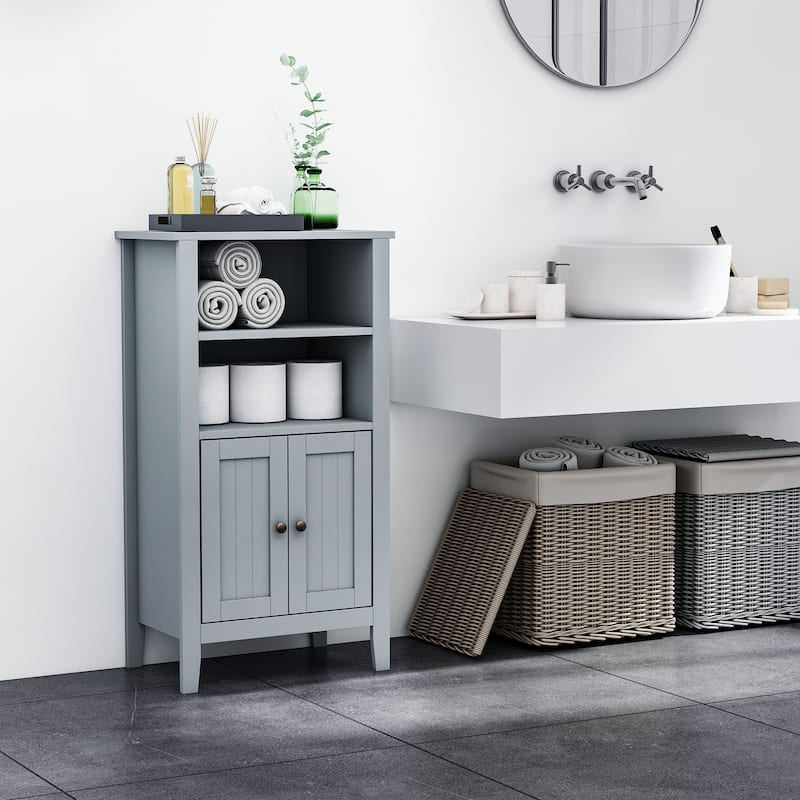 Kleankin Bathroom Cabinet Organizer with 2-Tier Open Shelves, Double Door Enclosed Storage and Elevated Base - Grey