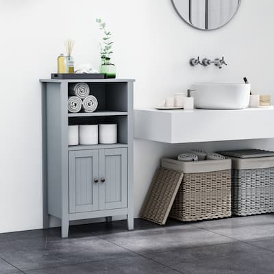 Kleankin Bathroom Cabinet Organizer with 2-Tier Open Shelves, Double Door Enclosed Storage and Elevated Base