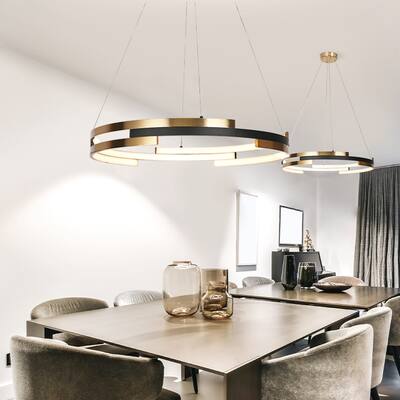 Modern Contemporary LED Black Gold Chandelier Round Pendant Light for Dining Room - 25.5" D x 63.5" H