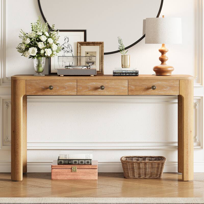Rustic Console Table with Curved Corners for Safety, Entryway Table with 3 Concealed Drawers, Sturdy Sofa Table - Natural