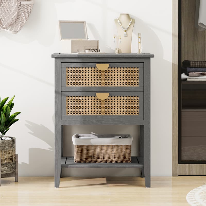 Nightstands with 2 drawers, rattan nightstands, drawers and shelves - Grey