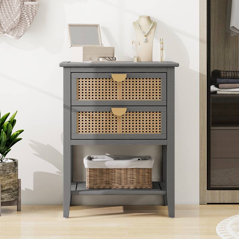 Rattan Haven Natural Style Wooden End Table with 2 Drawers and Open Storage Shelf - Gray