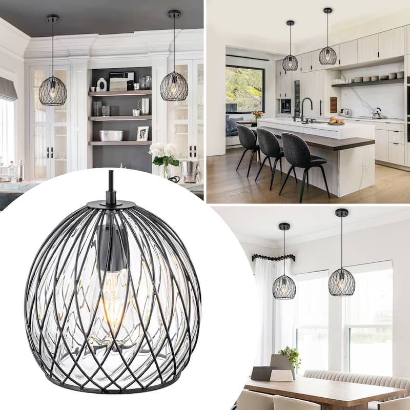 Modern Matte Black Pendant Light with Globe Glass & Wire Cage Kitchen - Dia.8.66-in