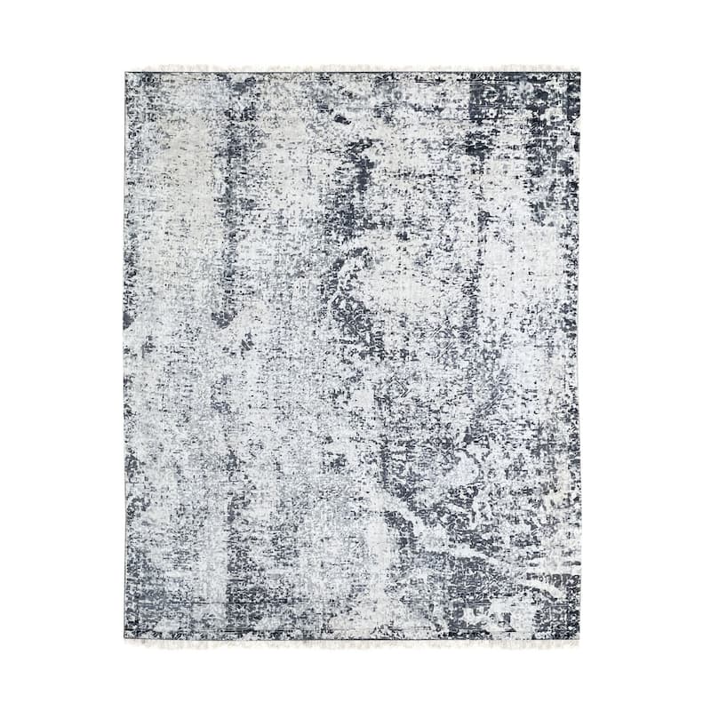 Ivory Gray Hand Knotted Wool Transitional Modern Rug 7' x 9' - Ornamental Medallion 0.5" Pile - N/A