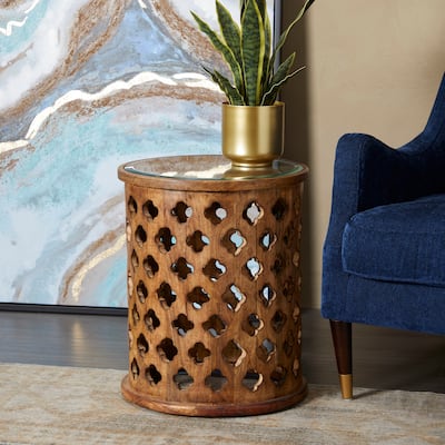 Brown Mango Wood Quatrefoil Design Accent Table with Clear Glass Top