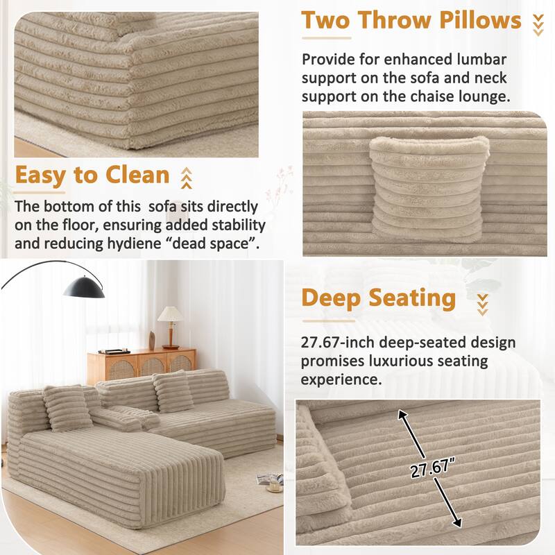 L Shape Modular Sectional Sofa with Chaise, Full-Compressed Boneless Couches, Faux Fur 3 Seat Sofa with 2 Throw Pillows