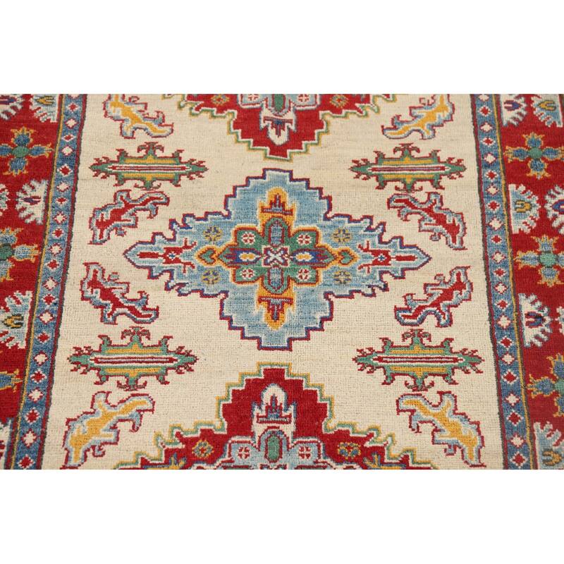 Ivory Geometric Kazak Oriental Accent Rug Handmade Wool Carpet - 3'7" x 5'2"