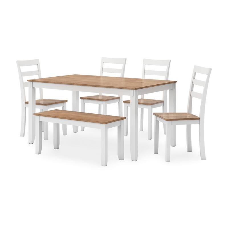 Gasy Dining Table Set with 4 Chairs, 1 Bench, White Brown Solid Wood
