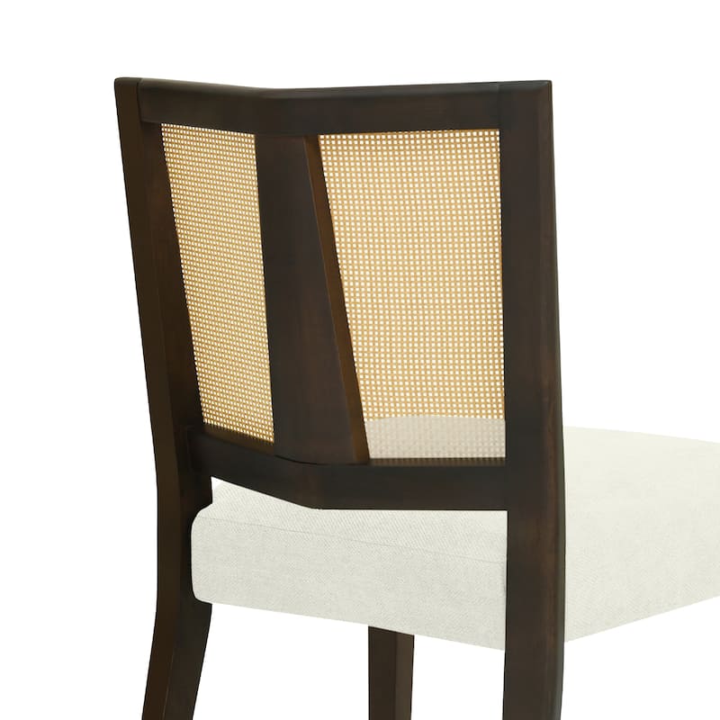 Set of 2 Rattan Back Dining Chairs with Upholstered Seat, Rubberwood Frame, Armless Mid-Century Design