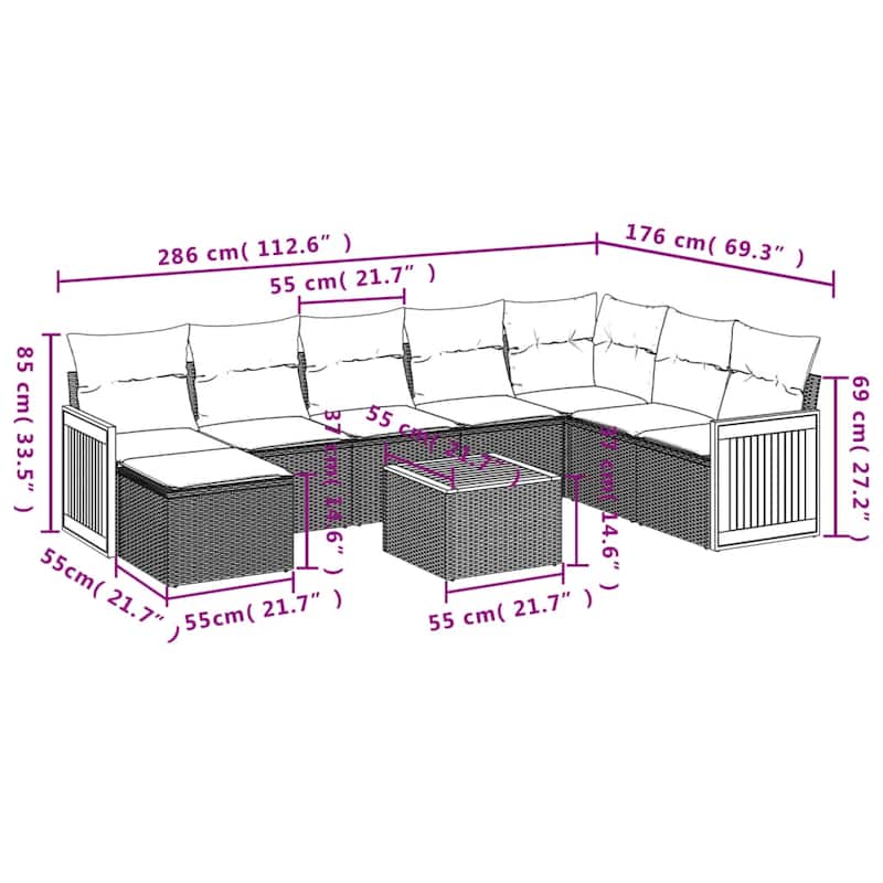 vidaXL Patio Sofa Set with Cushions Outdoor Conversation Furniture Poly Rattan - 21.7 x 21.7 x 14.6 in