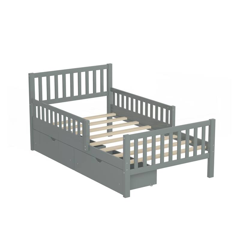 Twin Size Wood Platform Bed with Guardrails on Both Sides