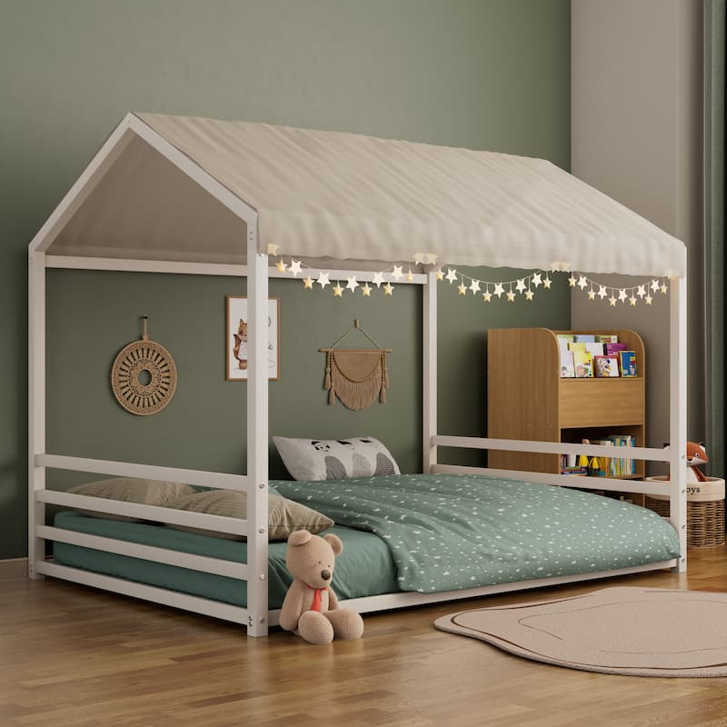 Montessori Style Metal Floor Bed Frame, House Shaped Bed for Kids and Toddlers, No Slats, House Bed