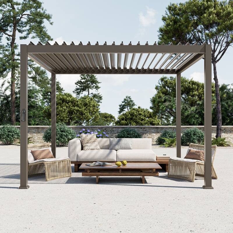 Patio Louvered Pergola with Adjustable Roof, Aluminum Steel Pergola - 10' x 10' - Brown