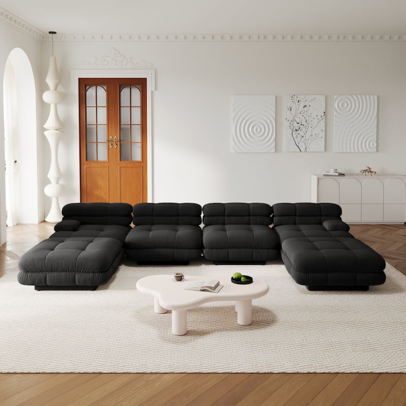 Large Modular Sectional Sofa Teddy Velvet Fabric Upholstery U-Shaped 4 Seater with 2 Ottoman
