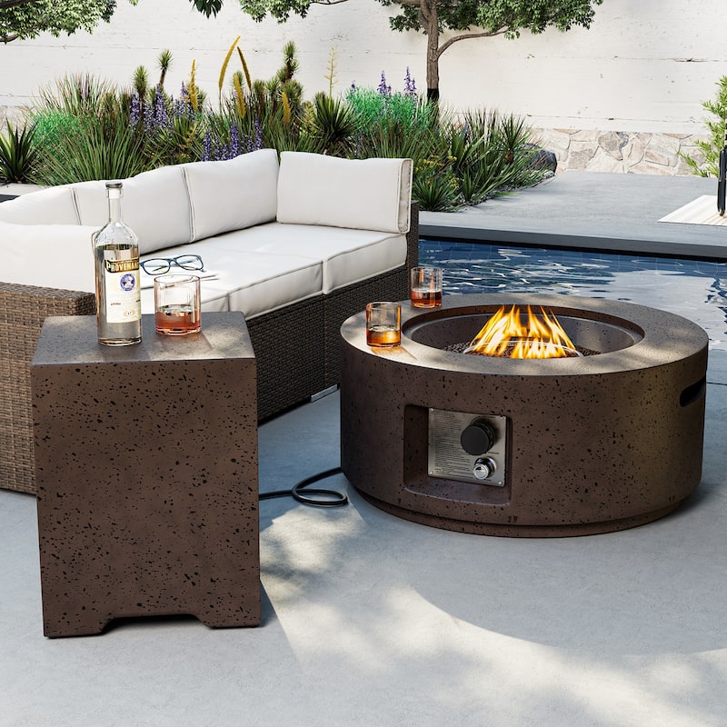 COSIEST 2-Piece Outdoor Round Firepit with Tank Cover Table - 28" W x 28" L x 12" H